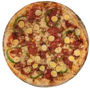 Premium: Portuguesa Premium - Pizzas Grande (Ingredientes: Alho Frito, Bacon, Calabresa, Cebola, Milho Verde, Molho Artesanal, Mussarela, Orégano, Ovo de Codorna, Palmito, Pimentão, Presunto, Tomate Seco Artesanal)