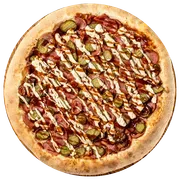 Premium: Calabresa Americana - Pizzas Grande (Ingredientes: Calabresa, Molho Artesanal, Molho Artesanal Sabor Bacon, Molho Barbecue, Mussarela, Orégano, Picles Artesanal)