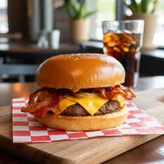 Hambúrguers Artesanais: Cheddar Stark Burguer - Hambúrguer (Ingredientes: Bacon, batata palha, Blend 180g (Carne), Cheddar cremoso, Duplo Cheddar, Pão, Relish de Cebola)
