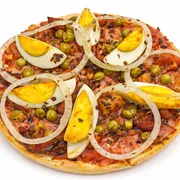 Tradicionais: 13-Baiana - Pizza Grande (Ingredientes: Molho, Mussarela, Presunto, Bacon, Ervilha, Ovo, Cebola, Pimenta Calabresa, Orégano)