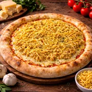 Tradicionais: 9 - Estrogonofe de Frango - Pizza Grande (Ingredientes: Molho de Tomate, mussarela, estrogonofe de frango desfiado, batata palha, orégano)