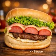 Lanches: X Burguer - Lanche (Ingredientes: Alface, Hambúrguer bovino caseiro, Muçarela, Ovo, Pão, Presunto, Salsicha)