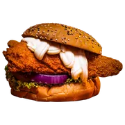 Chiken Supreme: CHICKEN SUPREME - . (Ingredientes: 2 Filezinho de frango Empanado, Alface, Cebola Roxa, Cream Cheese, Molho Supreme, Pão com gergelim, Tomate)