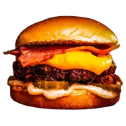 BURGER: AMERICAN -  (Ingredientes: Blend Premium na Brasa 200g, Cebola Caramelizada, Creme de Cheddar, Fatias de Bacon, Molho Defumado, Pão Brioche, Picles Agridoce)