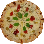 Tradicionais: Marguerita Especial - Pizza Grande (Ingredientes: Molho de Tomate,  Mussarela,  Parmesão,  Manjericão,  Tomate Seco,  Gorgonzola,  Azeitona,  Orégano)