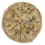 Tradicionais: Portuguesa - Pizza Grande (Ingredientes: Molho de Tomate,  Mussarela,  Presunto,  Ervilha,  Milho,  Ovo,  Palmito,  Azeitona,  Orégano)