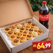 Combos promocionais: Combo mini mistas 30 + 1 coca 2 L - 30 mini esfihinhas gourmet mistas carne, calabresa, catufrango, queijo e pizza + 1 coca cola 2 litros...Outras combinações mandar na observação ou whatsapp.