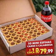 Combos promocionais: Combo mini calabresa/carne 50 + Coca 2 L - 50mini esfihinhas gourmet mistas carne e calabresa + 1 coca 2 litros...Outras combinações mandar na observação ou whatsapp.