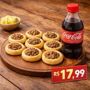 Combos promocionais: Combo mini carne 10 + coca 200ml - 10 mini esfihinhas gourmet sabor carne + 1 coca 200ml
