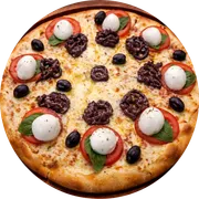 Tradicionais: Tropical - Pizza Grande (Ingredientes: Mussarela, Tomate caqui, Mussarela de Búfala, Manjericão, Pesto de azeitona)
