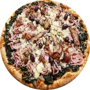 Tradicionais: À Moda do Chef - Pizza Grande (Ingredientes: Escarola, Ervilha, Presunto, Palmito, Parmesão, Bacon)