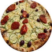 Tradicionais: Abobrinha - Pizza Grande (Ingredientes: Mussarela, Finas rodelas de abobrinha, Parmesão, Tomate seco)