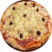 Tradicionais: Portuguesa - Pizza Grande (Ingredientes: Presunto, Calabresa fatiada, Ovo, Palmito, Ervilha, Cebola, Mussarela)