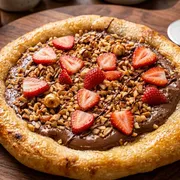 Edicao Limitada Mes das Mulheres: Esf Ferreiro choco com Morango - Esfiha aberta de chocolate ao leitecom amendoas trituradas deliciosamente crocante e morangos fatiados selecionados (fina camada de mussarela na base)