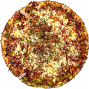 Tradicionais: Baiana - Pizza Grande (Ingredientes: Cebola, Charque, Molho de Tomate, Mussarela, Orégano, Pimenta Vermelha, Pimentão, Tomate)