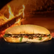 Bahguetão: Bahguetão de Coração - Bahguetão (Ingredientes: Alface, Barbecue, Coração (50g), Maionese, Pão Bahguetão 24cm, Tomate)