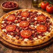 Especiais: Carne Seca Com Bacon - Pizza Grande (Ingredientes: Mussarela, Carne Seca,  Bacon,  Tomate, Orégano, Azeitona Com Caroço)