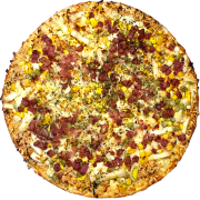 Tradicionais: Frango Misto - Pizza Grande (Ingredientes: Calabresa Picada, Ervilha, Frango Desfiado, Milho, Molho de Tomate, Mussarela, Orégano, Ovo)