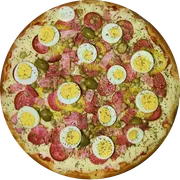 Especiais: Portuguesa Especial - Pizza Grande (Ingredientes: Molho de Tomate Pellati, Presunto,  Mussarela,  Cebola,  Calabresa,  Pimentão verde,  Bacon,  Ovo,  Orégano)