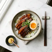 Especialidades: Porco Kakuni Don - Barriga de porco cozidos lentamente por horas em um caldo profundo de shoyu, mirin, sakê e açúcar mascavo — resultando em uma carne incrivelmente macia, glaceada e cheia de sabor umami. Servido generosamente sobre um bowl de arroz japonês no ponto certo, acompanhado de ovo marinado com gema cremosa, cebolinha fresca finamente fatiada e toque de gengibre. Uma experiência reconfortante da culinária japonesa.