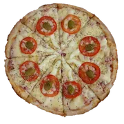Tradicionais: Brasileira - Pizza Grande (Ingredientes: Molho de Tomate,  Mussarela,  Calabresa Fatiada,  Catupiry,  Parmesão,  Azeitona,  Presunto,  Tomate,  Orégano)