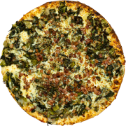 Tradicionais: Escarola C/Bacon - Pizza Grande (Ingredientes: Bacon, Escarola Refogada, Molho de Tomate, Mussarela, Orégano)