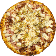 Tradicionais: La Manfredo - Pizza Grande (Ingredientes: Azeitona Verde, Bacon, Champignon, Molho de Tomate, Mussarela, Orégano, Palmito, Presunto)