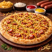 Especiais: Pizza Hot Dog - Pizza Grande (Ingredientes: salsicha,  Ervilha,  Milho, Mussarela, Batata Palha)