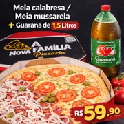Promoçao da Semana: 1/2 mussarela 1/2 calabresa acebolada+GUARANÁ ANTARTICA1,5L - molho da casa ,1/2 mussarela e tomate 1/2 calabresa acebolada, azeitonas