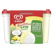 Sorvetes Kibon: SORVETE ABACAXI E COCO 2 LITROS - O sorvete Kibon Cremosíssimo Abacaxi e Coco 2L (linha 2 em 1) é uma opção tropical que combina a refrescância do abacaxi com a cremosidade do coco, incluindo pedacinhos de coco real na massa.