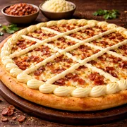 Especiais: Mussarela Bacon e Catupiry - Pizza Grande (Ingredientes: Mussarela,  Bacon,  Catupiry, Orégano, Azeitona Com Caroço)