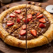 Edicao Limitada Mes das Mulheres: Pizza feirro choco morango - Pizza de 8 fatias de chocolate ao leite com amendoas torradas e trituradas com morangos selecionados (fina camada de mussarela na base)