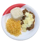 À Parmegiana: Isca de Carne À Parmegiana - Arroz, Batata Palha e Isca de Carne À Parmegiana.