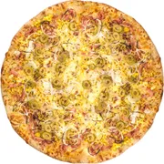 Carnes: Portuguesa - Pizza Pequena (Ingredientes: Molho, Mussarela, Presunto, Ovos, Cebola, Azeitona verde)