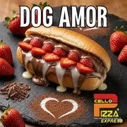 Hot Dog Doce: Dog Amor - Hot Dog Doce (Ingredientes: Chocolate ao Leite, Leite Condensado, Morango, Pão Hot Dog)