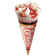Sorvetes Kibon: CORNETTO MORANGO - Sorvete cremoso de baunilha/nata com uma espiral de calda de morango.