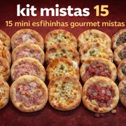 Combos mini: Kit mistas 15 - 15 mini esfihinhas gourmet mistas. Padrão: Carne, calabresa, catufrango, queijo e pizza, 3 de cada. Outras combinações mandar na observação ou pelo whatsapp.