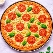 Tradicionais: Marguerita - Pizza Grande (Ingredientes: Molho de Tomate Artesanal, Manjericão, Queijo Mussarela, Tomate, Cebolas, Azeitonas, Orégano)