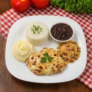 Pratos Individuais: Frango com Mussarela - Executivo (Ingredientes: Arroz Branco, Farofa Simples, Feijão, Purê de Batata)