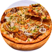 Premium: Carne de Sol c/ banana - Pizza Grande (Ingredientes: Banana Frita, Carne de Sol, Cebola, Molho, Mussarela, Orégano, Pimentão, Tomate)