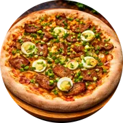 Premium: Pirarucu com Banana - Pizza Grande (Ingredientes: Banana, Cheiro Verde, Molho, musarela, Orégano, Ovo, Pirarucu Desfiado)