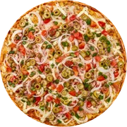 Tradicionais: Portuguesa - Pizza Grande (Ingredientes: Azeitona Picada, Cebola, Molho de Tomate, Mussarela, Orégano, Pimentão, Presunto, tomate picado)