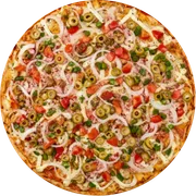 Tradicionais: Portuguesa - Pizza Grande (Ingredientes: Azeitona, Cebola, Molho de Tomate, Mussarela, Orégano, Pimentão, Presunto, Tomate Picado)