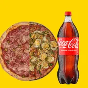 Promoção louca: Pizza Grande -Calabresa /Portuguesa - Pizza Grande(8 fatias) + Coca-Cola 2l (Ingredientes: Metade Calabresa: Mussarela ,Calabresa Fatiada, Cebola, Azeitona e orégano.Metade Portuguesa: Mussarela, Presunto, Calabresa Ovo, Cebola , Tomate , Azeitona,)
