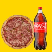 Promoção louca: Pizza Grande (8 fatias) de Calabresa + Coca-Cola 2 - Pizza Grande(8 fatias) + Coca-Cola 2l (Ingredientes: Mussarela ,Calabresa Fatiada, Cebola, Azeitona e orégano.)