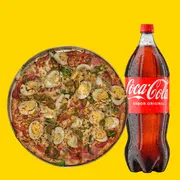 Promoção louca: Pizza Grande (8 fatias) de Portuguesa + Coca-Cola - Pizza Grande(8 fatias) + Coca-Cola 2l (Ingredientes: Mussarela, Presunto, Calabresa Ovo, Cebola , Tomate , Azeitona, Pimentão , Milho e orégano.)