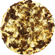Tradicionais: Alcatra na Manteiga - Pizza Grande (Ingredientes: Alcatra, Catupiry, Champignon, Molho de Tomate, Mussarela, Orégano)