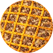 Especiais: carne com cheddar - Pizza Grande (Ingredientes: Cheddar, iscas de carne, Molho de Tomate, Mussarela, Orégano)