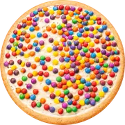 Doces: Diversão Chocolate Branco - Pizza Grande (Ingredientes: Chocolate Branco, Confeito de Chocolate)