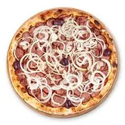 A queridinha: pizza de calabresa paulista acebolada (sem mussarela) - molho em dobro, calabresa, cebola, azeitona e oregano
